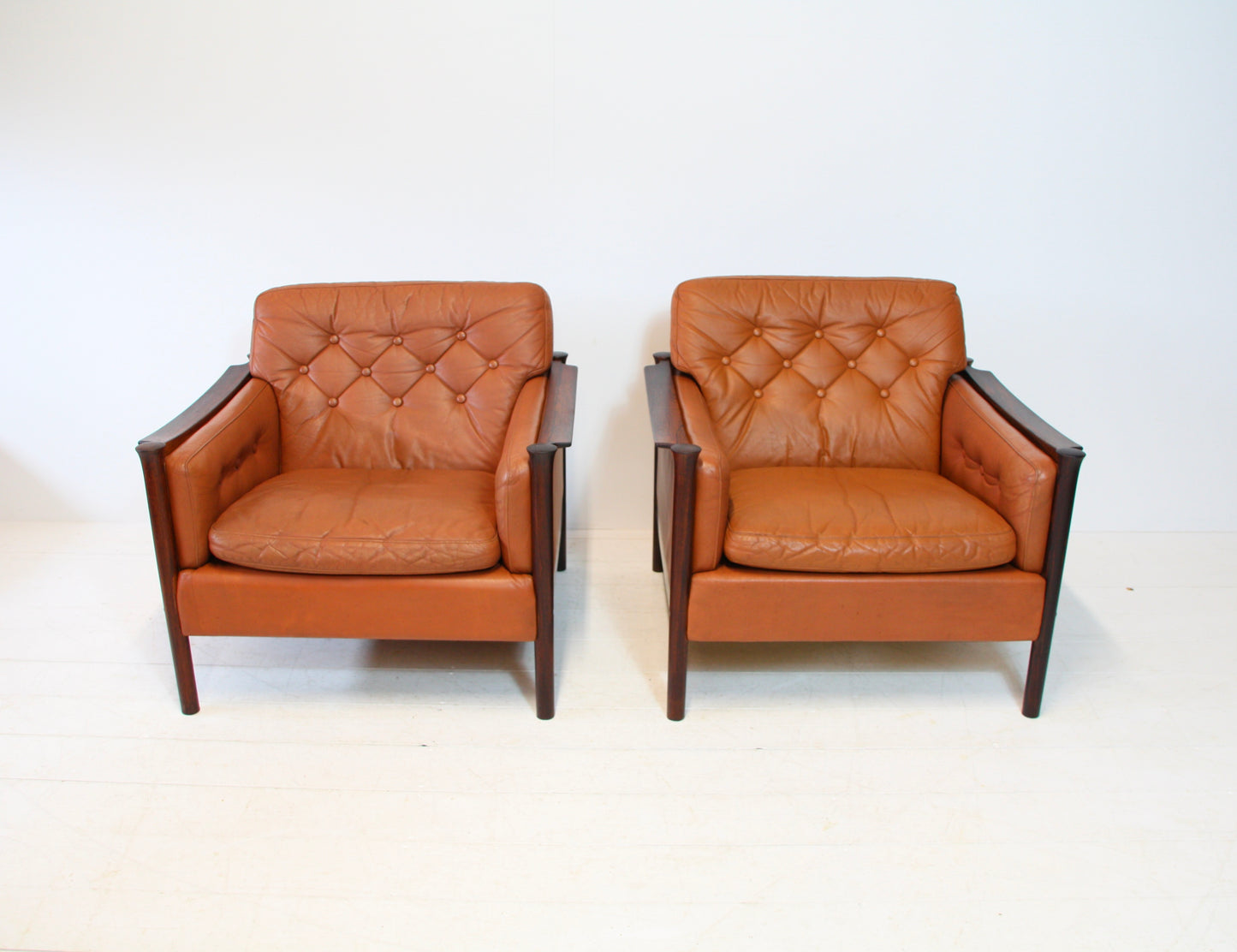 Tan Leather and Brazilian Rosewood Armchairs by Torbjørn Afdal - Norway c.1960