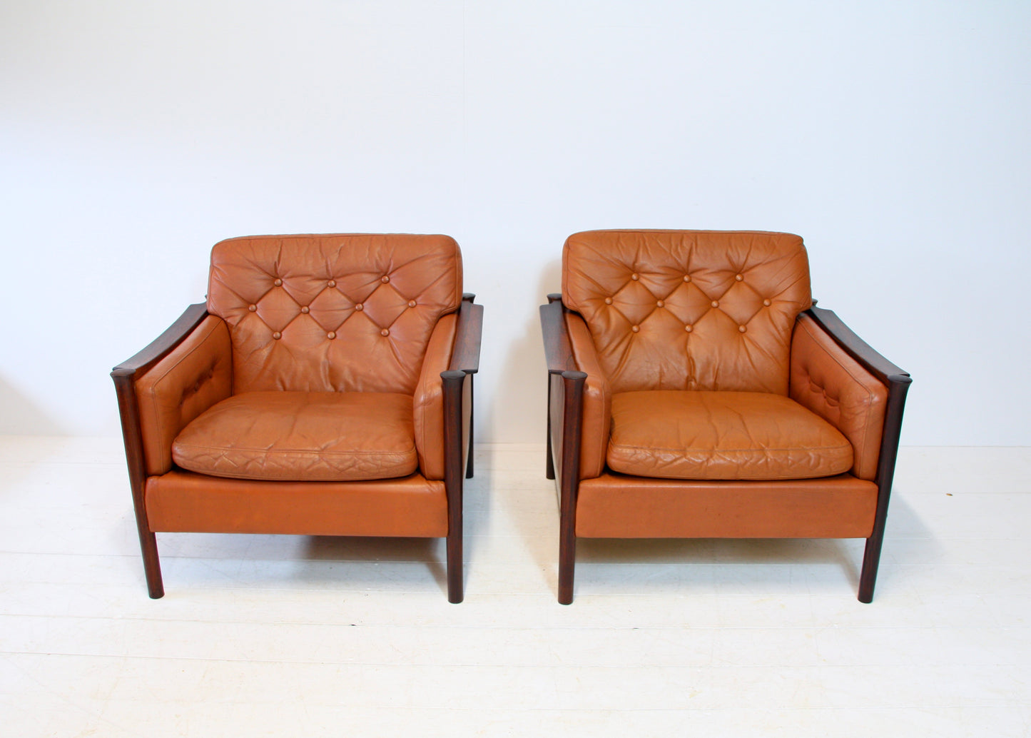 Tan Leather and Brazilian Rosewood Armchairs by Torbjørn Afdal - Norway c.1960