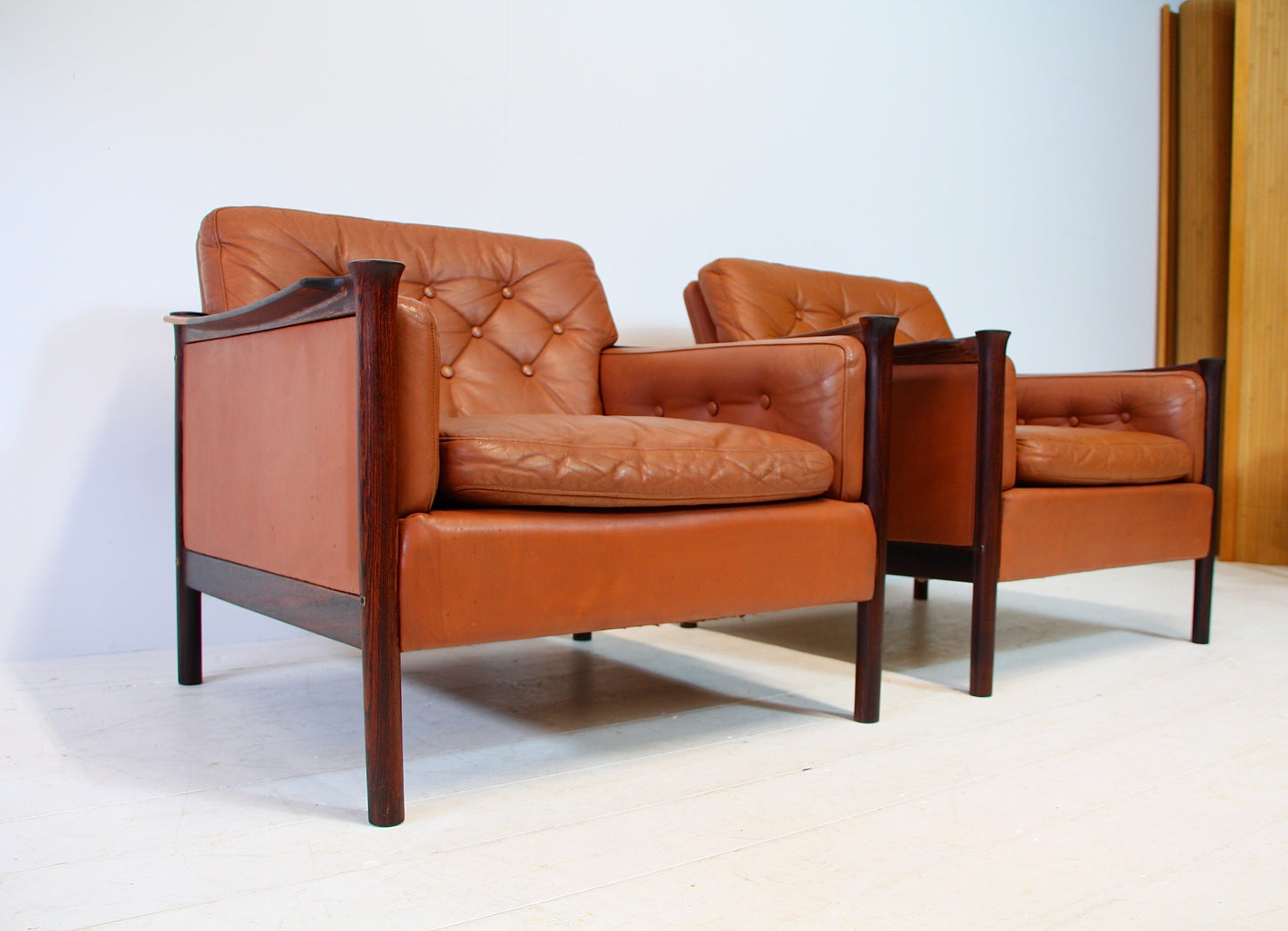 Tan Leather and Brazilian Rosewood Armchairs by Torbjørn Afdal - Norway c.1960