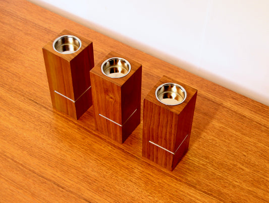 Vintage Modernist Danish Candle Holders - Teak & Aluminium