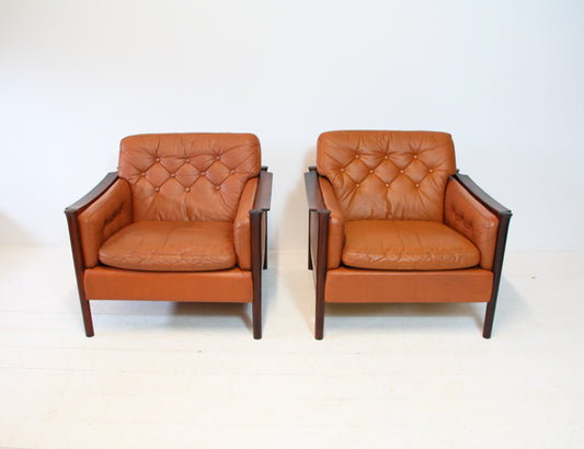 Tan Leather and Brazilian Rosewood Armchairs by Torbjørn Afdal - Norway c.1960