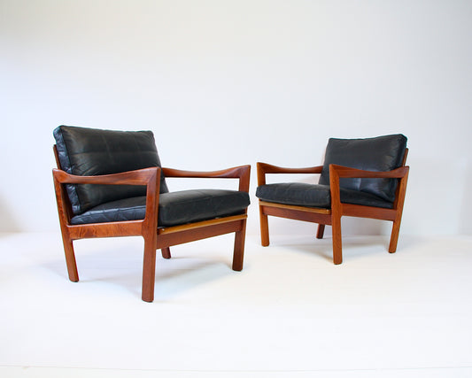 Illum Wikkelso Teak & Leather Armchairs - Denmark 1962